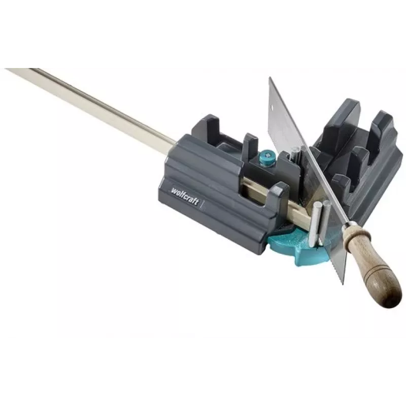 Skrzynka uciosowa i kątownik Wolfcraft 6948200 — prowadnica uciosowa, zakres pomiaru 85–180°, do desek do 3 cm, czarna