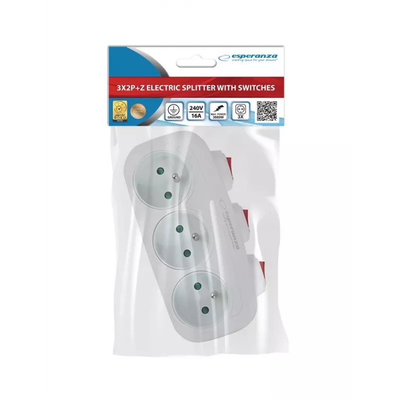 Rozdzielacz zasilania ESPERANZA ELK307W — 3-gniazdowy przełączany adapter wewnętrzny, wtyczka typu E, 220–240 V, 16 A, 3680 W, biały
