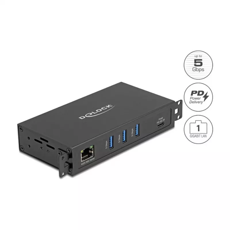 Koncentrator USB DELOCK 3-portowy 5 Gb/s z RJ45 Gigabit PoE++ i hostem USB Type-C, obudowa metalowa, izolacja 1,5 kV, czarny