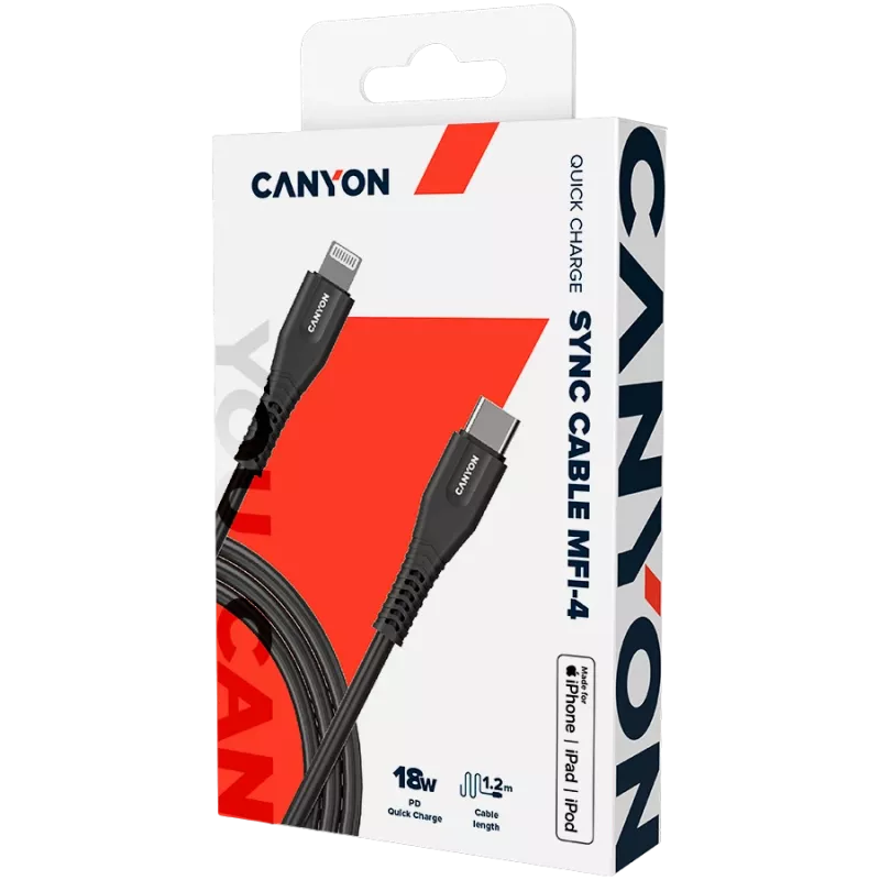 Kabel CANYON MFI-4 Type-C na Lightning 1,2m Czarny