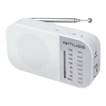 Radio przenośne Muse M-025 RW — analogowe FM/MW, białe, zasilane bateriami, antena zewnętrzna