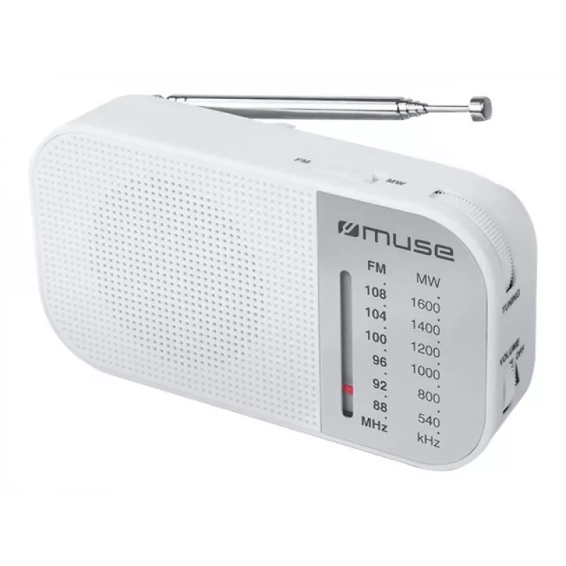 Radio przenośne Muse M-025 RW — analogowe FM/MW, białe, zasilane bateriami, antena zewnętrzna