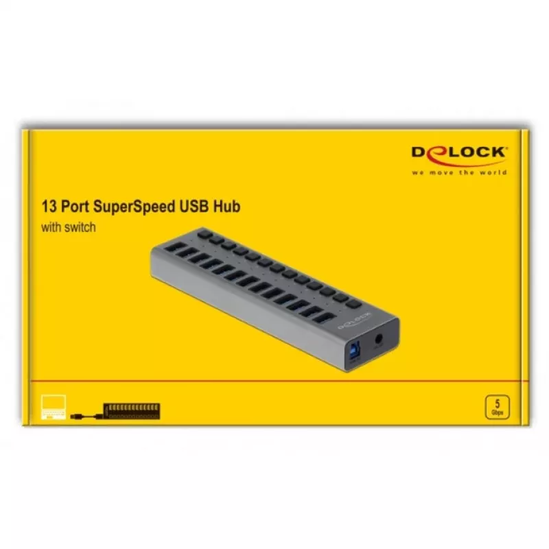 DeLOCK Zewnętrzny Hub USB 5 Gbps z 13 portami + przełącznik, USB 3.2 Gen 1 (3.1 Gen 1) Type-B, USB 3.2 Gen 1 (3.1 Gen 1) Type-A, 5000 Mbit/s, Szary, Aluminium, 1 m