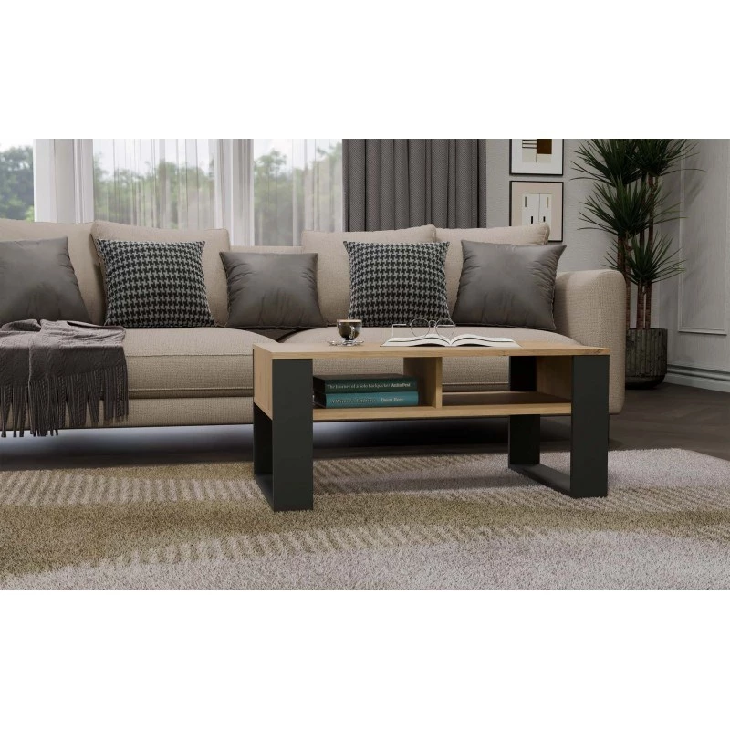 Stolik kawowy top e shop Modern 90×58×50 cm, antracytowa rama, matowe półki Artisan dąb
