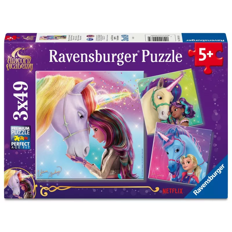 Zestaw puzzli Ravensburger Unicorn Academy — 3 x 49 elementów, dla dzieci