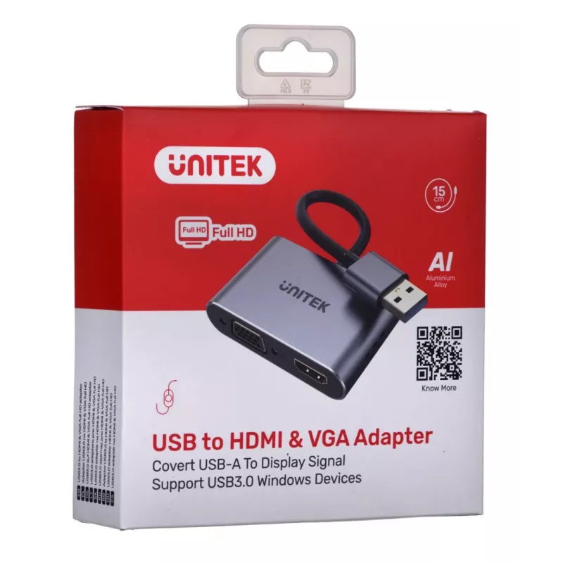 UNITEK V1304A adapter kabla wideo 0,15 m USB typu A HDMI + VGA (D-Sub) Szary