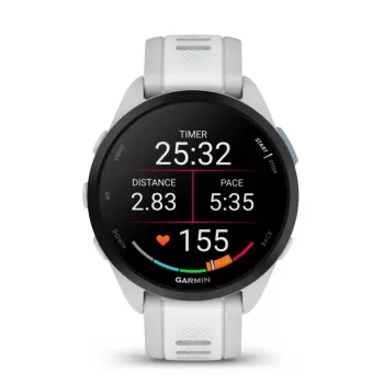 Smartwatch GARMIN Forerunner 165 — GPS, AMOLED 1,2 cala, 4 GB, 5 ATM, 11 dni pracy na baterii, szara koperta, biały pasek
