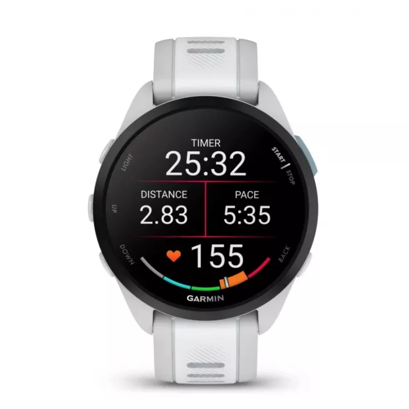 Smartwatch GARMIN Forerunner 165 — GPS, AMOLED 1,2 cala, 4 GB, 5 ATM, 11 dni pracy na baterii, szara koperta, biały pasek