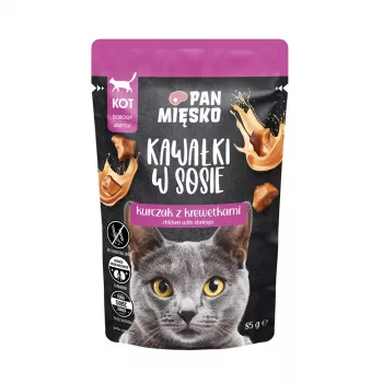 Mokra karma dla kotów Pan Mięsko Pieces in Sauce — Kurczak z krewetkami, 85 g, dla kotów dorosłych, wilgotność 81%