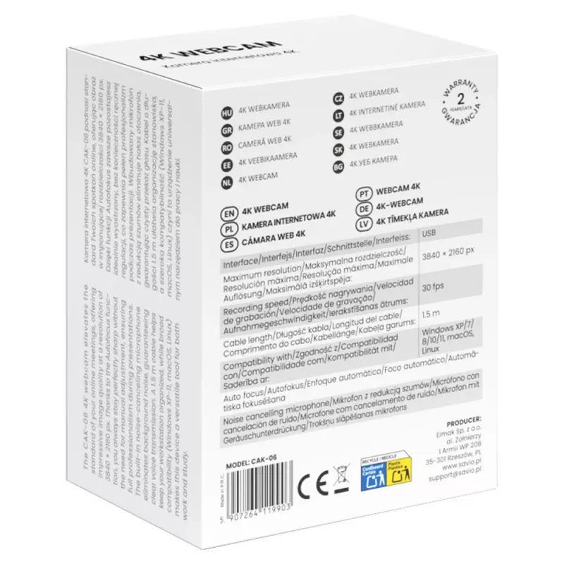 Kamera internetowa Savio CAK-06 3840 x 2160 pikseli USB Czarny