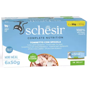 Mokra karma dla kota Agras Pet Foods Schesir Tuńczyk z labraksem w galarecie, 6×50 g (300 g), dla dorosłych