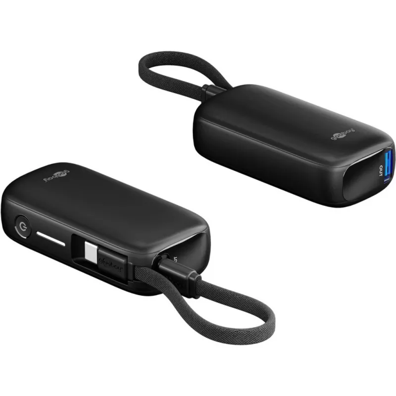 Powerbank 5.000 mAh, zintegrowany kabel USB-C 13 cm, 20 W (czarny, 5 Ah, 1x USB-A, 1x USB-C, PD, QC)