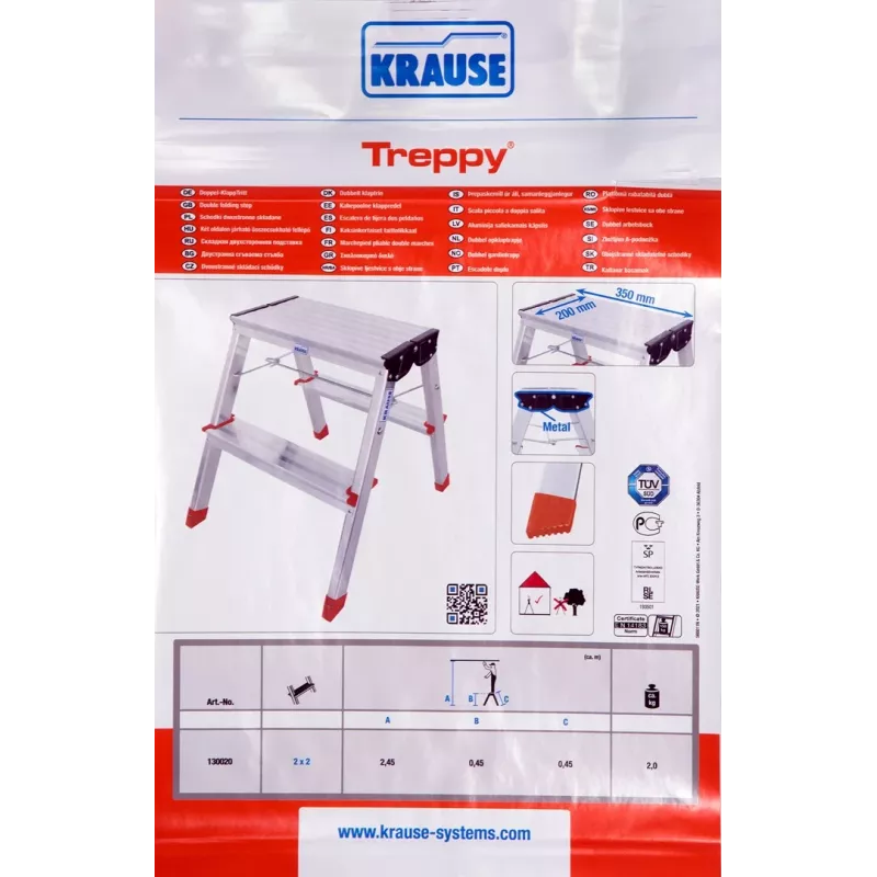 Składana drabinka stopniowa Krause Treppy srebrny 130020 — aluminium, 2 stopnie, udźwig 150 kg, po złożeniu 55×20 cm, waga 2 kg