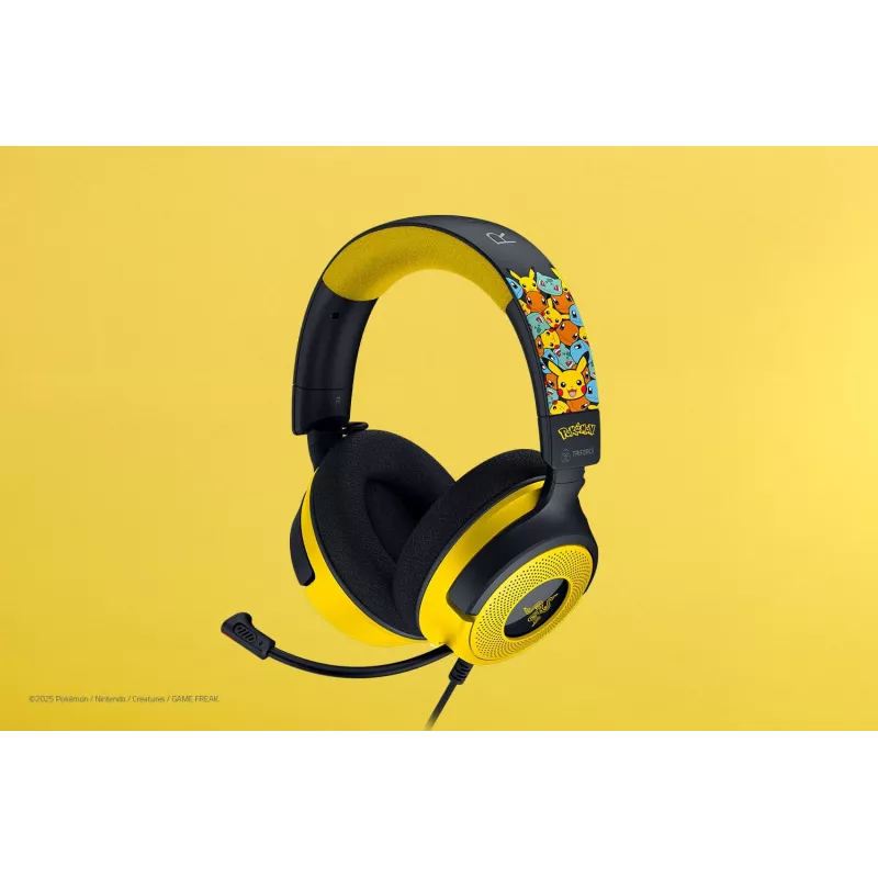Zestaw słuchawkowy Razer Kraken V4 X Pokemon — przewodowy USB-C/USB-A, nauszny, 20–20000 Hz, kabel 1,8 m, 310 g, czarny/żółty