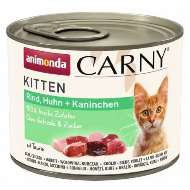 Mokra karma dla kota animonda Carny BEEF CHICKEN RABBIT puszka 200 g — junior, 10,5% białka, 6,3% tłuszczu, 80% wilgotności