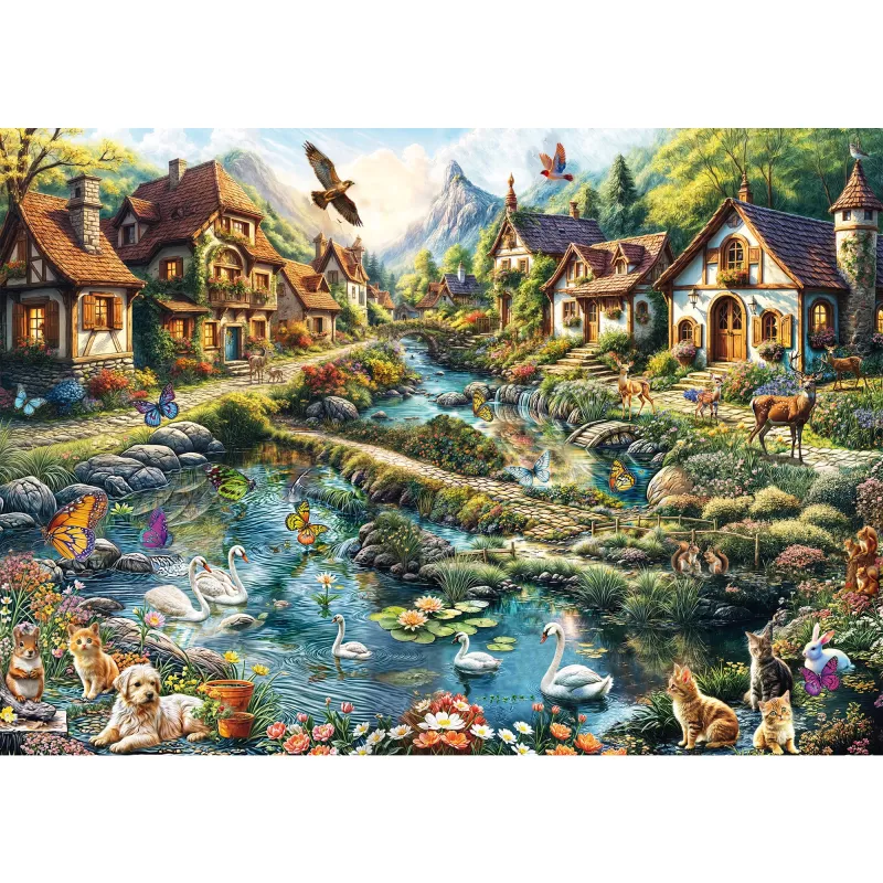 Puzzle 1000 szt., schmidt spiele Wioska na skraju lasu, ilustracja krajobrazowa