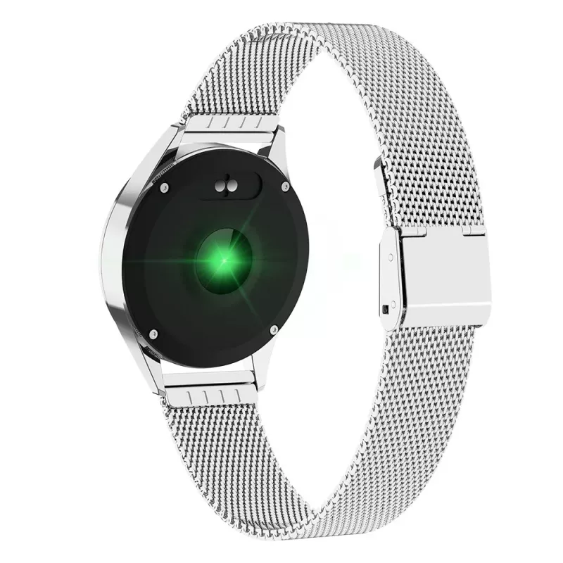 Smartwatch ORO-MED ORO-SMART CRYSTAL srebrny — okrągła metalowa obudowa, LCD 240×198, wyświetlacz 1.04 cala, Bluetooth 4.0, wodoodporny, bateria 120 mAh