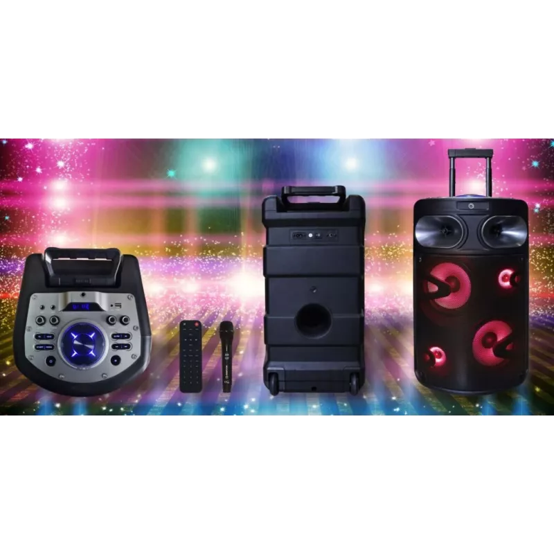 Przenośny głośnik karaoke Bluetooth MANTA SPK0803B140 140 W, zasilany bateriami, MIC/USB/microSD, FM, equalizer, kółka
