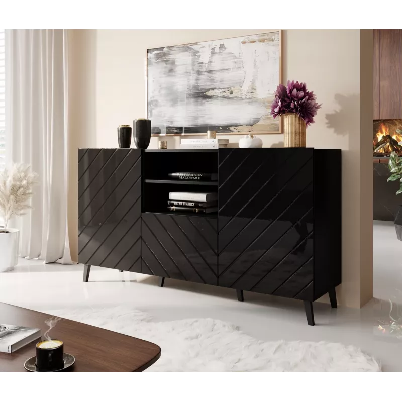 Komoda cama meble ABETO 150x42x82 cm, połysk czarny, rama MDF, 1 szuflada
