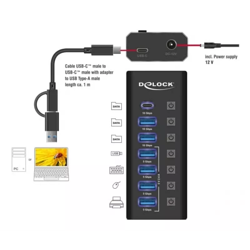 DeLOCK 64326 koncentrator interfejsów USB 3.2 Gen 2 (3.1 Gen 2) Type-C 10000 Mbit/s Czarny