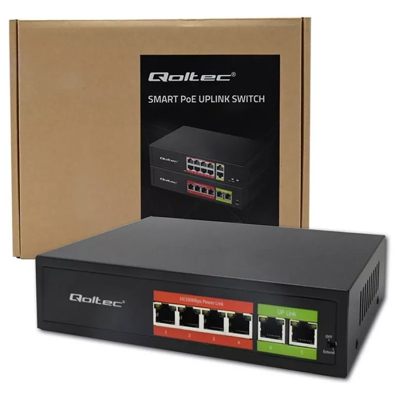 Przełącznik Ethernet PoE QOLTEC 52289 — 4 porty RJ45 PoE, 2 porty uplink RJ45, budżet mocy 65W