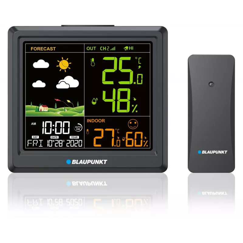 Stacja pogodowa BLAUPUNKT WS25BK — monitor temperatury i wilgotności wewnątrz i na zewnątrz, czarny, 1 czujnik, wyświetlacz LCD
