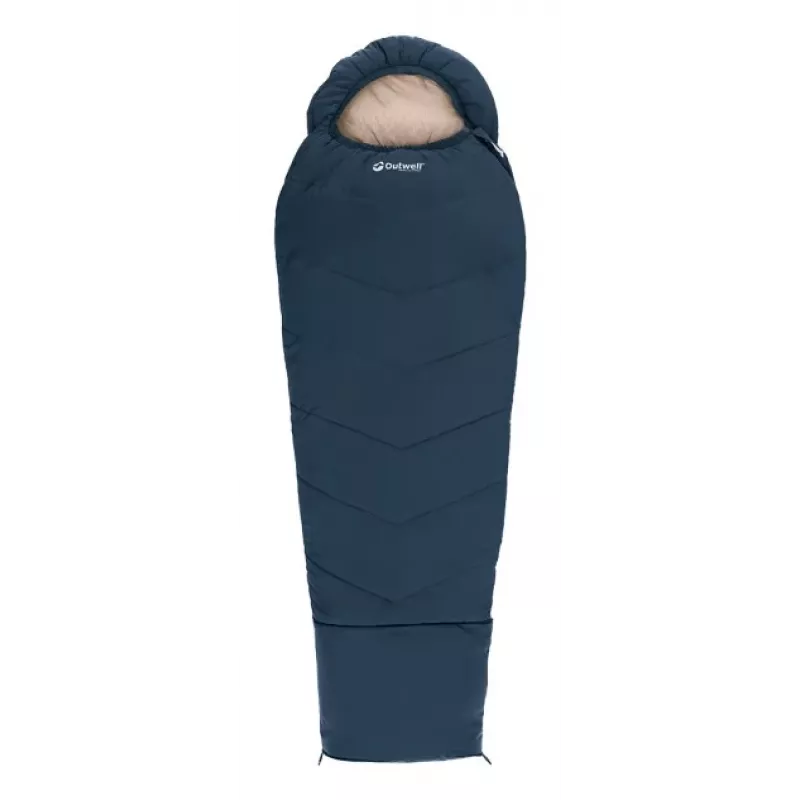 Śpiwór Outwell dziecięcy mumia poliestrowy niebieski — długość 1700 mm, szerokość 630 mm, dla użytkowników do 150 cm