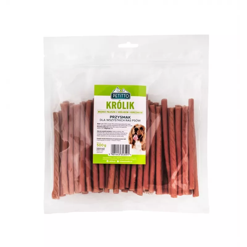 Przysmaki dla psów PETITTO Soft rabbit fingers — miękkie gryzaki o smaku królika dla psów, 500 g, przysmak treningowy, dla dorosłych, bez soi, bez glutenu