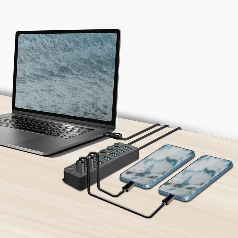 Koncentrator USB 3.2 Gen1, 7 portów z przełącznikami włącz/wyłącz, czarny