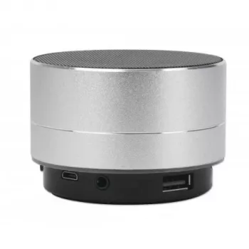 Manhattan Metaliczny Głośnik Bluetooth, Bryzgoszczelny, Zasięg 10m, czytnik kart microSD, złącze Aux 3.5mm, kabel ładujący USB-A w zestawie (ładowanie 5V), Srebrny, Trzy Lata Gwarancji