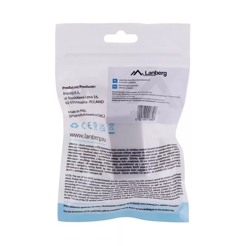 Przejściówka LANBERG RJ-45 na RJ-45, żeński-żeński, U/UTP Cat5e, biały