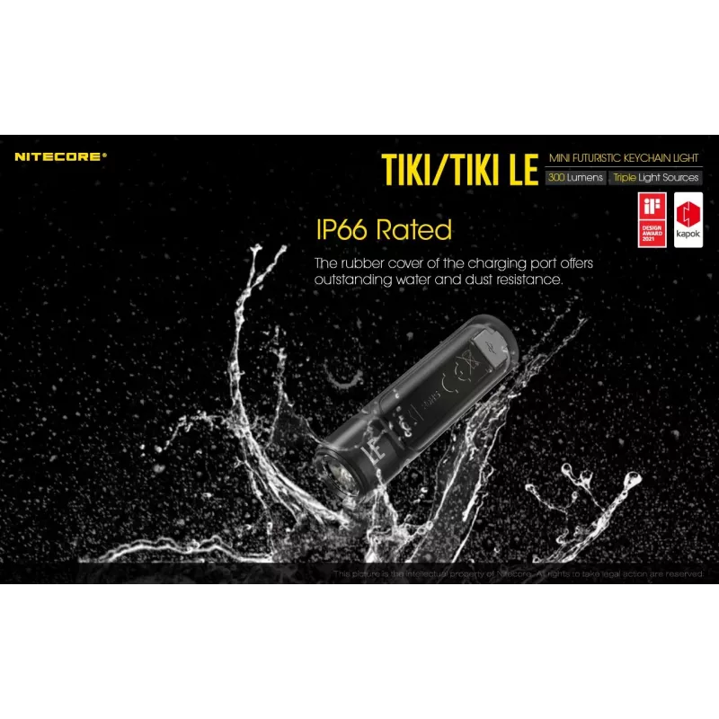 LATARKA RĘCZNA Nitecore TIKI LE — 300 lm, ładowanie przez USB, poliwęglan, IP66, odporna na wstrząsy, 10,5 g, 55 mm, czarna