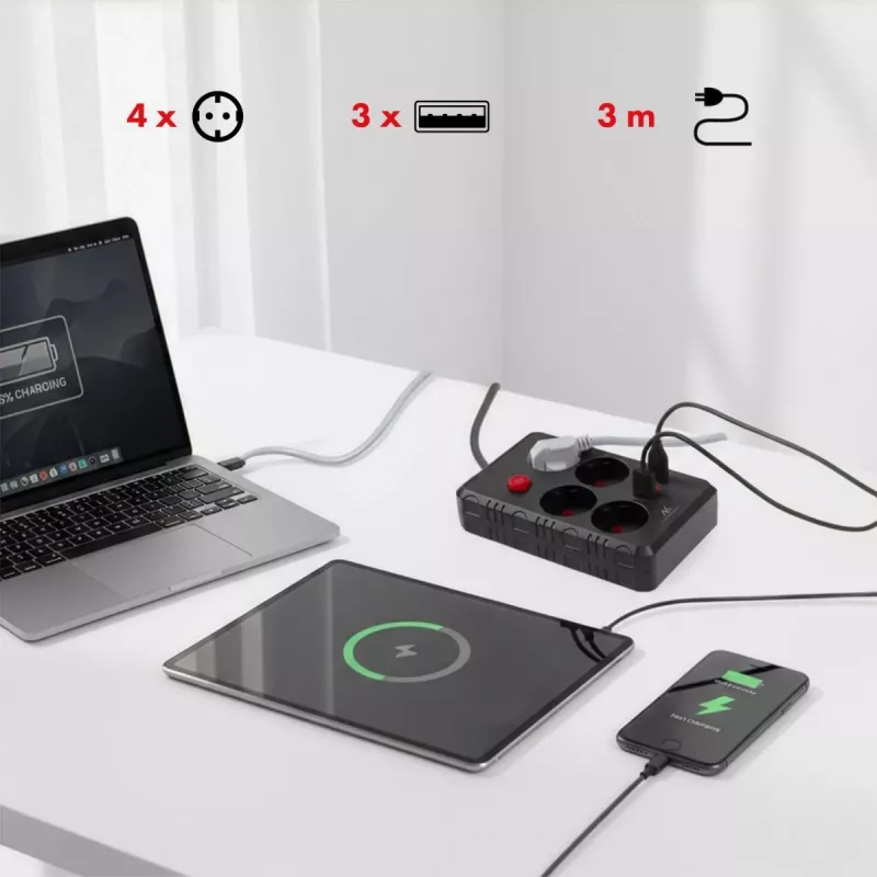 Listwa zasilająca MACLEAN MCE393 B — 4 gniazda, 3×USB, 110–240 V, 2500 W, kabel 3 m, czarna