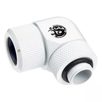 Złączka BitsPower BP-DWE90RMLA14 — mosiężna złączka obrotowa 90°, średnica 1,4 cm, biała