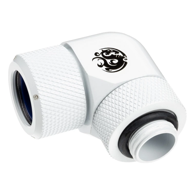 Złączka BitsPower BP-DWE90RMLA14 — mosiężna złączka obrotowa 90°, średnica 1,4 cm, biała