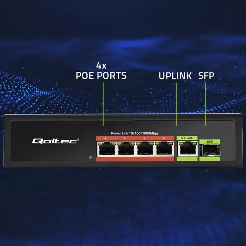 Przełącznik Ethernet PoE QOLTEC 52296 — 4 porty RJ45 PoE, 1 port uplink RJ45