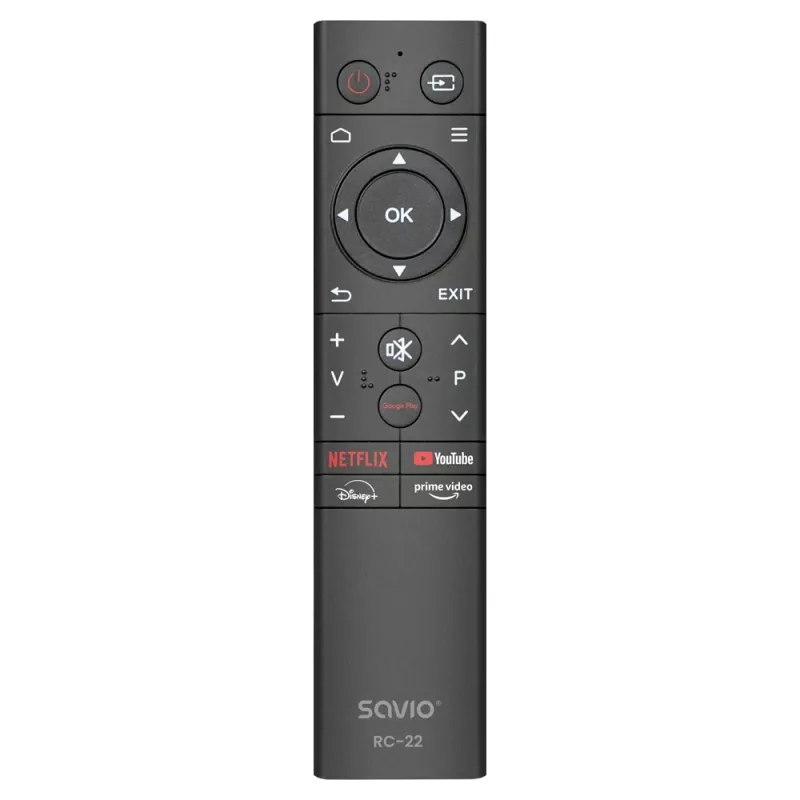 Pilot uniwersalny SAVIO RC-22 do telewizora — bezprzewodowy IR, 20 przycisków, zasięg 10 m, USB‑C, czarny