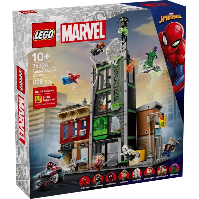 Klocki konstrukcyjne LEGO Marvel zestaw 76324 Spider-Man kontra Oscorp, 808 elementów, 8 minifigurek, wiek 10+