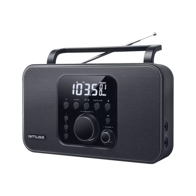 Przenośne radio muse M-091 R — FM/AM, wyświetlacz LCD, zasilanie sieciowe lub baterie AA/D, pokrętło głośności, 1,1 kg, czarny