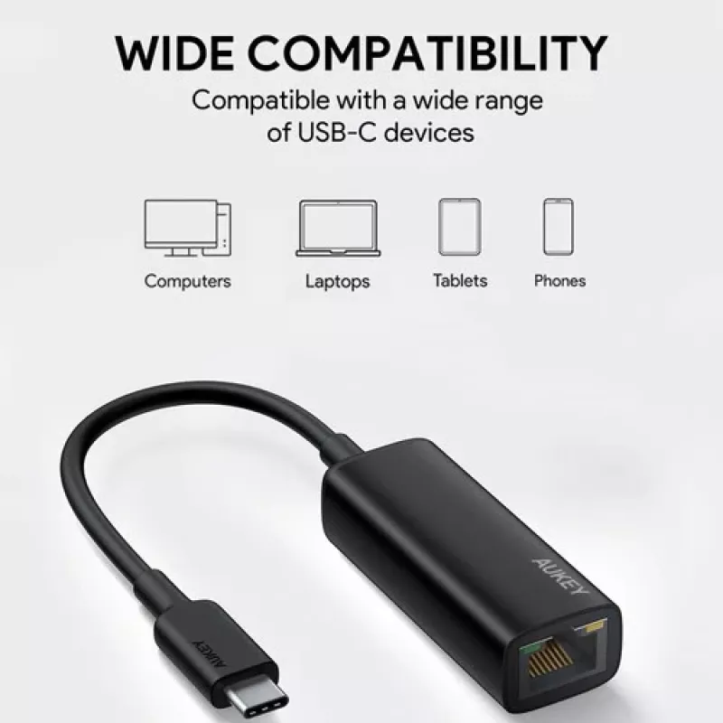 Adapter Ethernet Aukey CB-A30 USB‑C na Gigabit RJ45 10/100/1000 Mb/s, USB 3.0, aluminium, wskaźniki LED