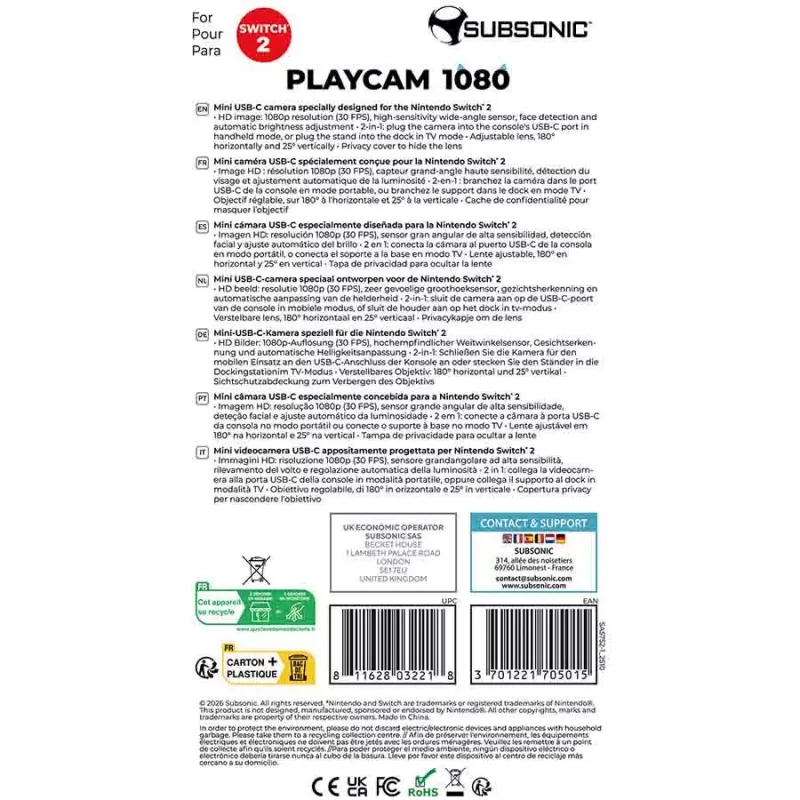 Subsonic Playcam 1080 2w1 HD Mini Kamera dla Nintendo Switch 2 Czerwona