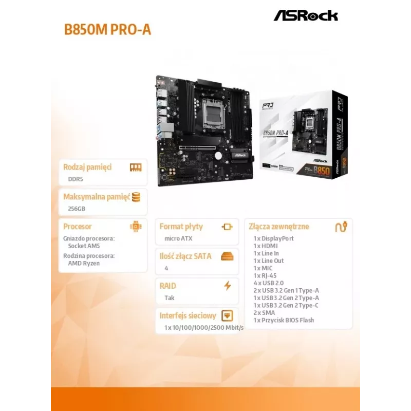 ASRock B850M Pro-A AM5 Micro-ATX Płyta Główna