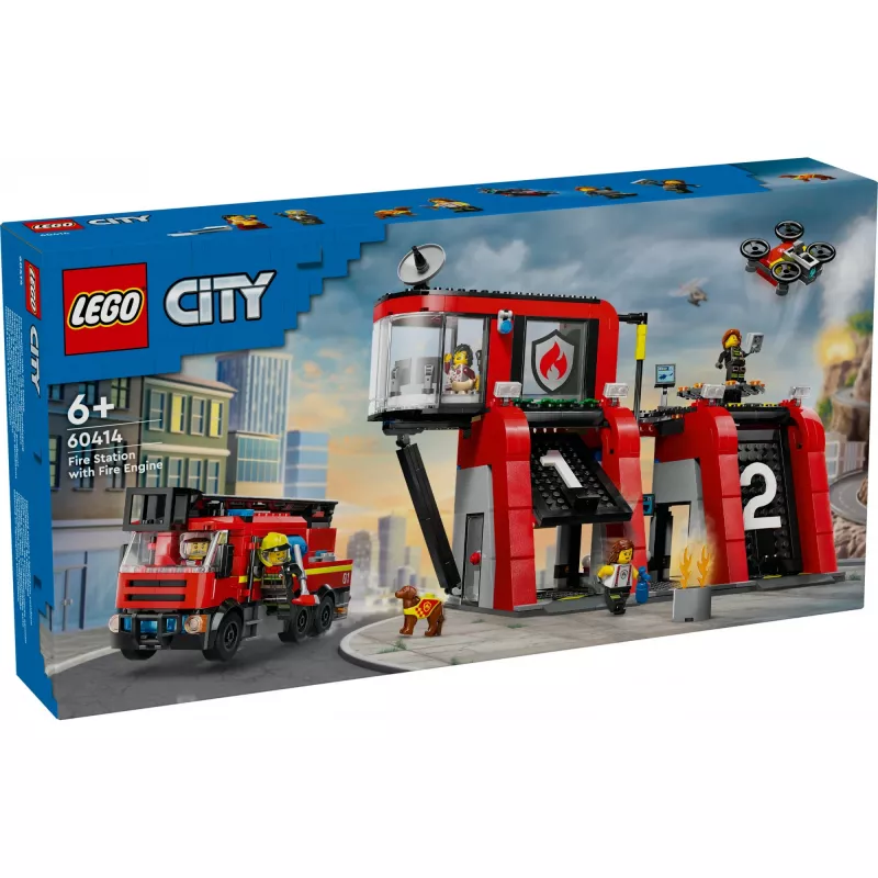 Zabawka konstrukcyjna LEGO City Remiza strażacka z pojazdem z drabiną obrotową 60414 — 843 elementy, 5 minifigurek, 220×320×140 mm