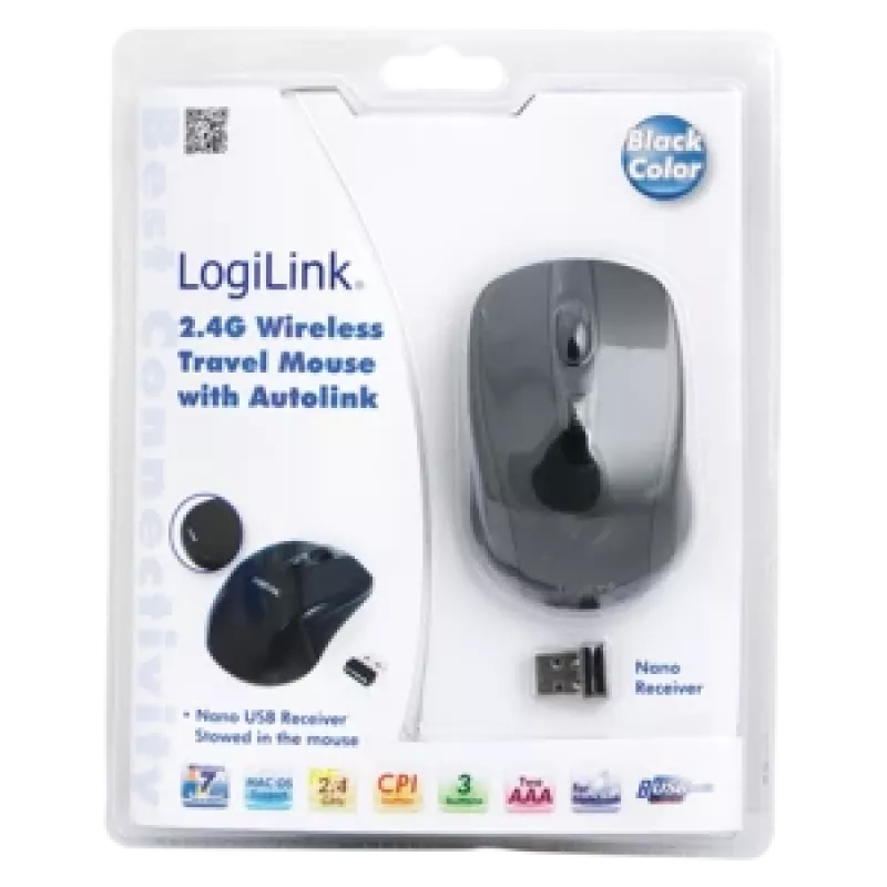 LogiLink Maus optisch Funk 2,4 GHz Mini - Maus - optisch - 3 Taste(n) - drahtlos - 2,4 GHz - kabelloser Empfänger (USB) - Schwarz (ID0031)