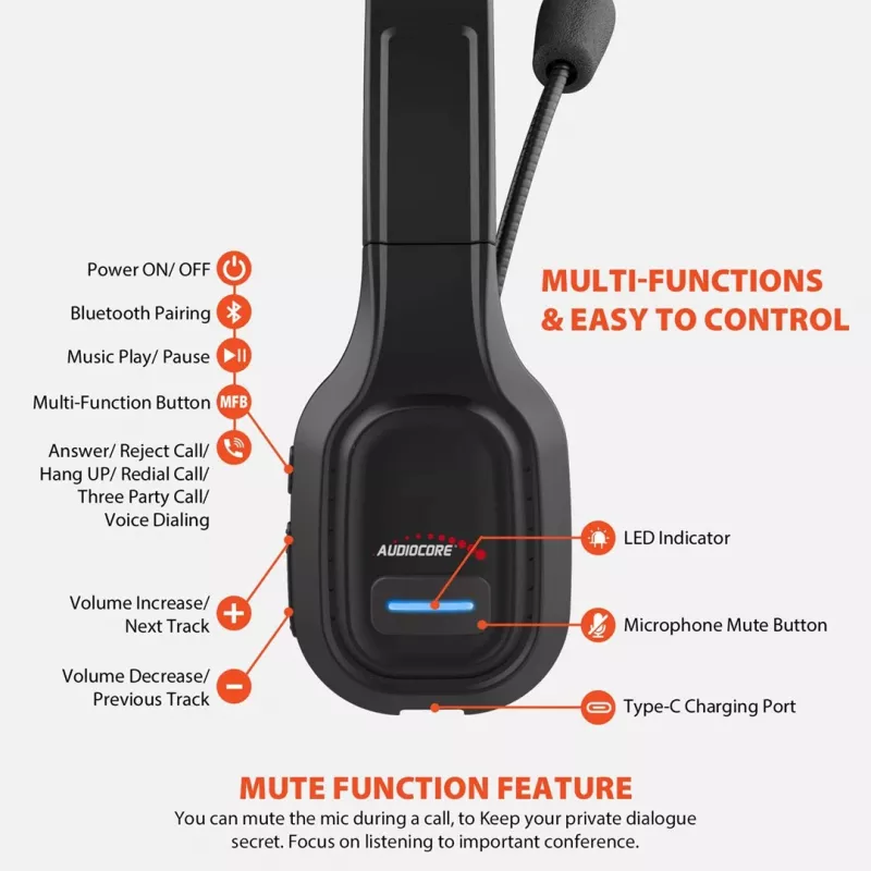 Słuchawki Bluetooth Audiocore 74452, czerwonyukcja szumów, mikrofon, call center, Google Siri, biurowe, bezprzewodowe