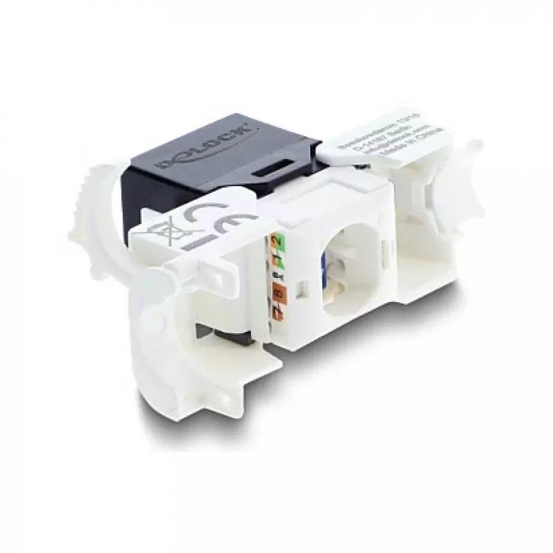 Moduł Keystone RJ45 do LSA kat. 6 UTP z zatrzaskiem blokującym i bez opasek kablowych — DELOCK 90794, płaski czarny/biały, 16,1×30×19,4 mm