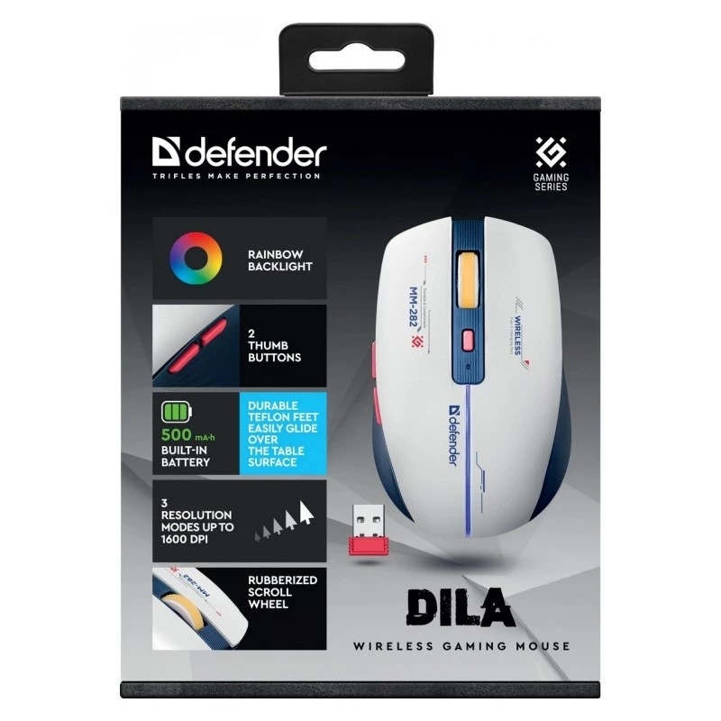 Bezprzewodowa mysz gamingowa DEFENDER MM-282 RF — symetryczna, optyczna 1800 DPI, 5 przycisków, USB, zasilana bateriami