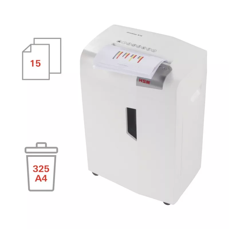 Papier niszczarka HSM X15, cięcie na cząsteczki P-4, 23 cm szerokość robocza, pojemność 16 arkuszy, pojemnik 26 l, srebrny