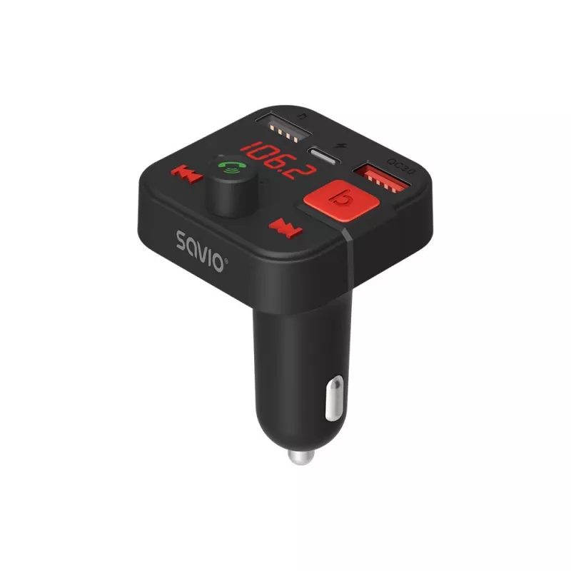 Nadajnik FM SAVIO, Bluetooth 5.3, ładowarka QC 3.0, wyświetlacz LED, Bass Boost, TR-15, czarny