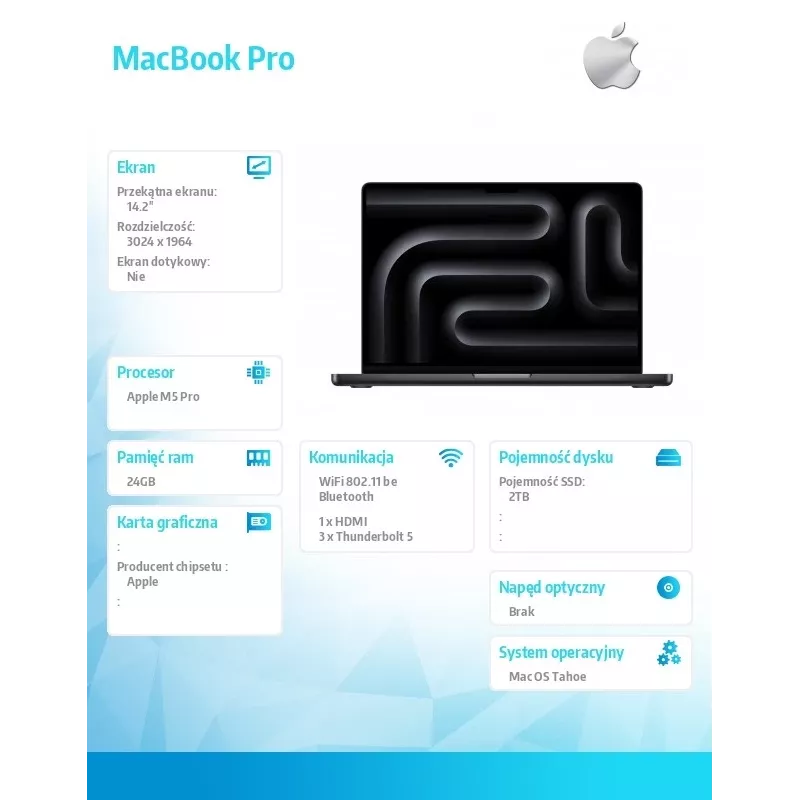 Laptop Apple MacBook Pro 14-calowy — M5 Pro 18‑rdzeniowy CPU / 20‑rdzeniowy GPU, 24 GB RAM, 2 TB SSD, Space Black